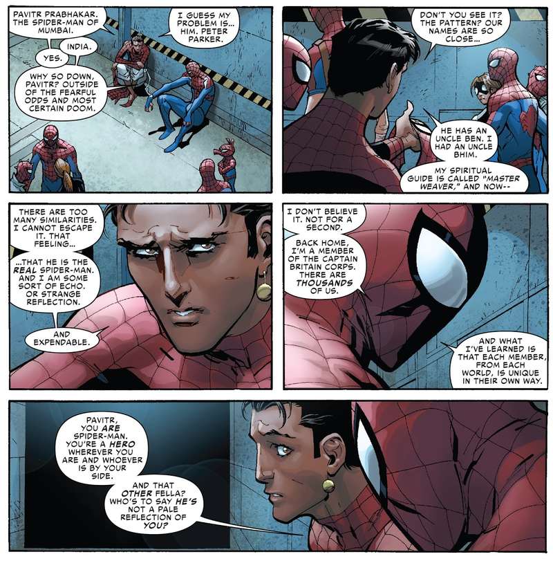 Billy Braddock, Spider-UK, comforts Pavitr Prabhakar that all Spiders are more than their relationship to Peter Parker.